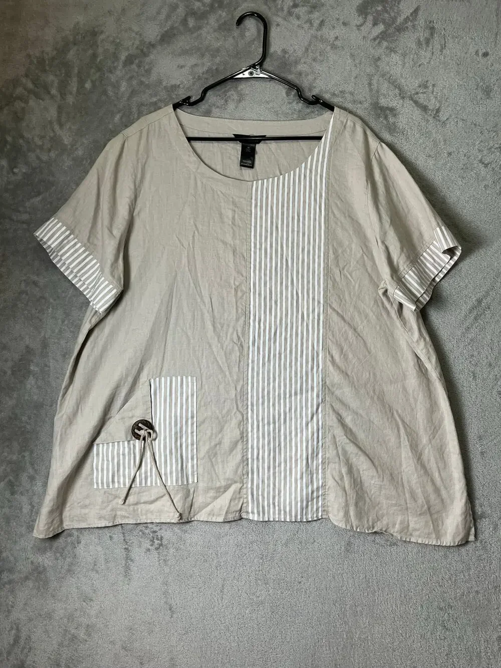 Ali Miles 2X Linen Cotton Striped Patchwork Tunic Top Artsy Lagenlook Boho